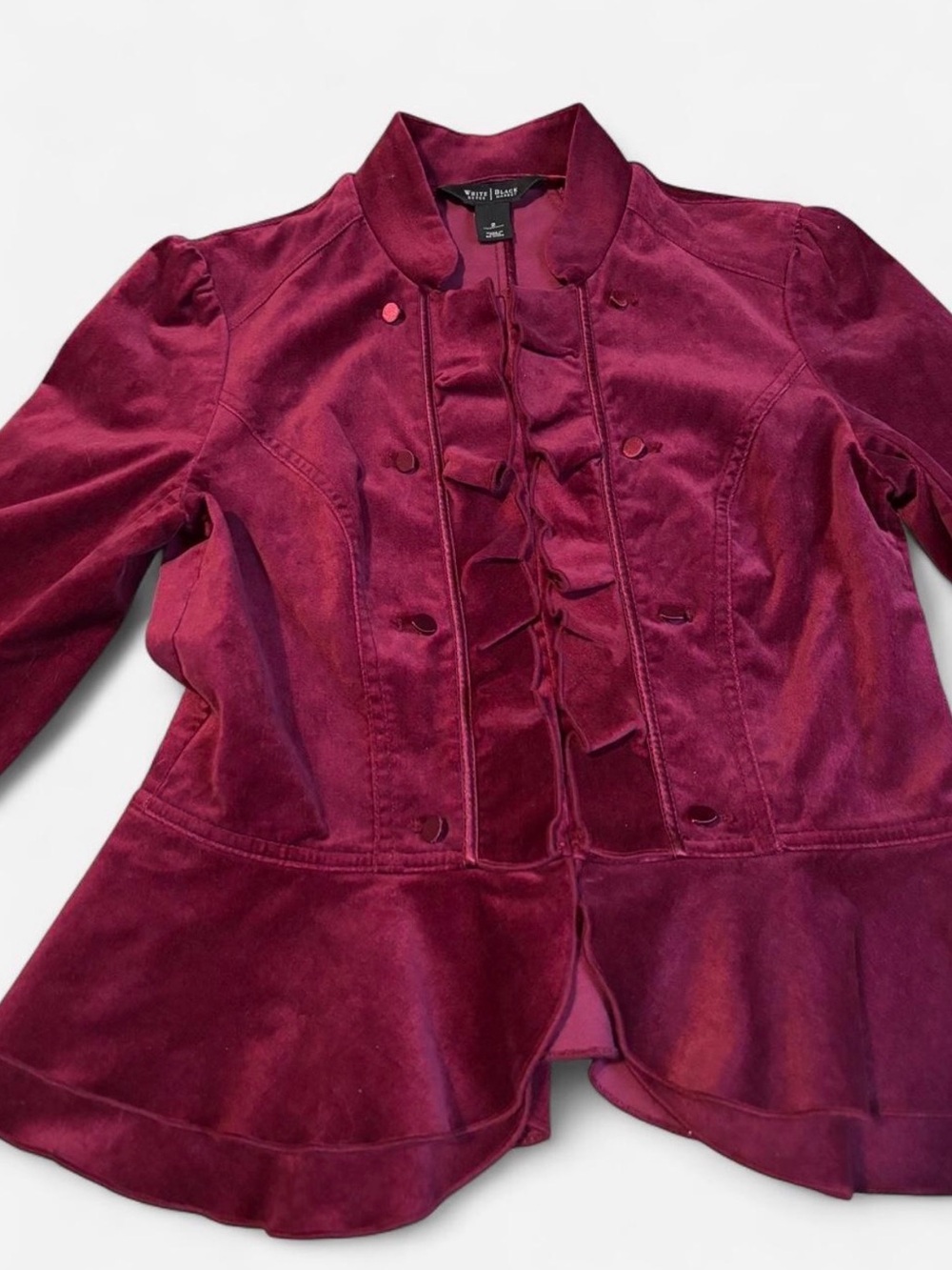 White House Black Market Burgundy Velvet Ruffle Peplum Jacket